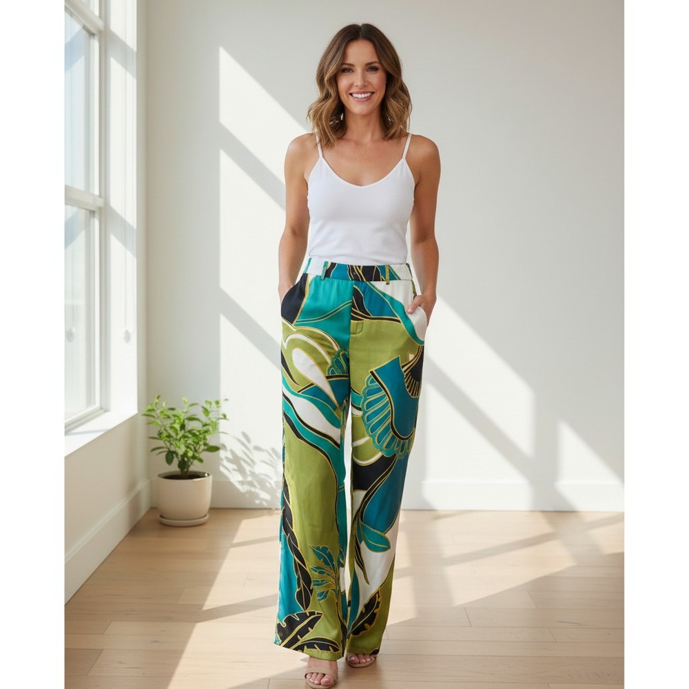 Elie Tahari Womens XS Green Abstract Print Wide-Leg Mid-Rise Zip Fly Trousers